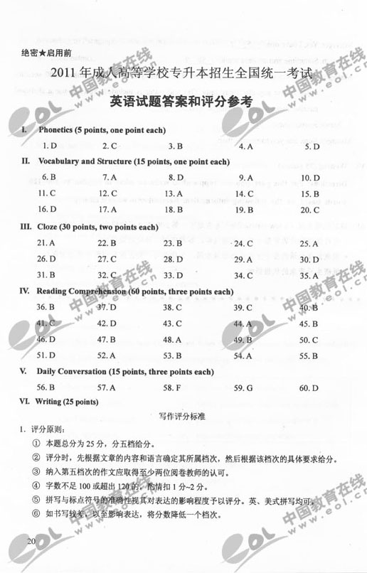 2011年成人高考專(zhuān)升本英語(yǔ)試題及答案
