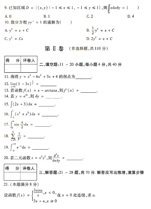 2018年成人高考專升本高等數(shù)學一考試真題及答案解析